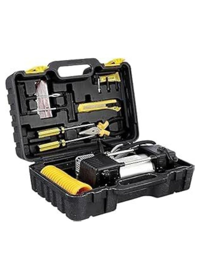 منفاخ هواء مزدوج المكبس للإطارات والدراجات والكرات يعمل بالبطارية وولاعة السيارة مع كيت محمول كامل - Image 1